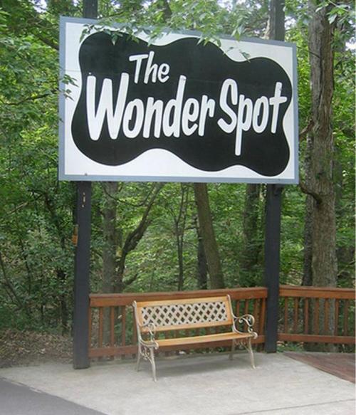 A large sign reading "The Wonder Spot" stands in a wooded area, with a bench nearby.