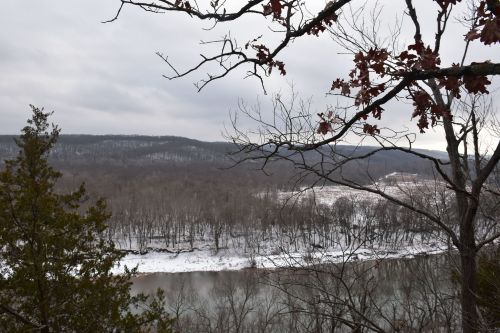 A winter landscape featuring a river, bare trees, and a snowy shoreline under a cloudy sky.