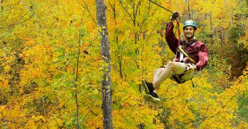 A person zip-lining through a vibrant forest with colorful autumn leaves.