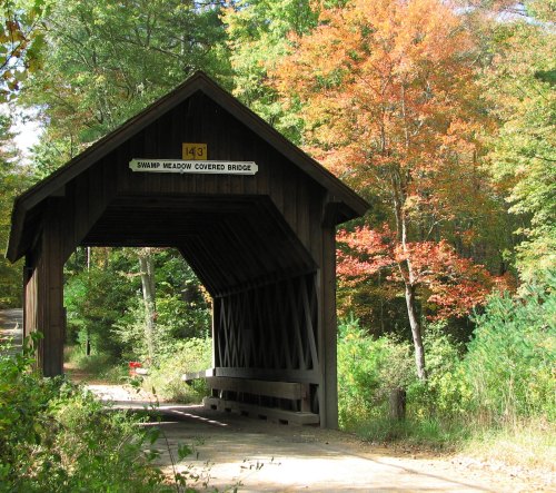 A wooden covered bridge surrounded by vibrant autumn foliage and greenery.