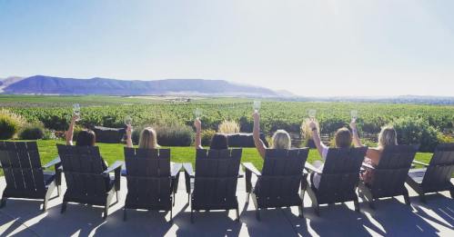 A group of women sitting in chairs, raising glasses, with a vineyard and mountains in the background.