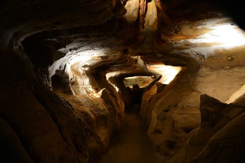 A winding cave passage with illuminated rock formations and textured walls, creating a mysterious atmosphere.