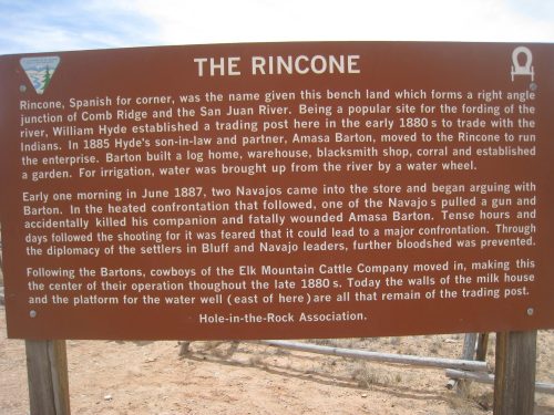 Sign about the Rincone, detailing its history and significance in the 1880s, including events involving Navajos and settlers.