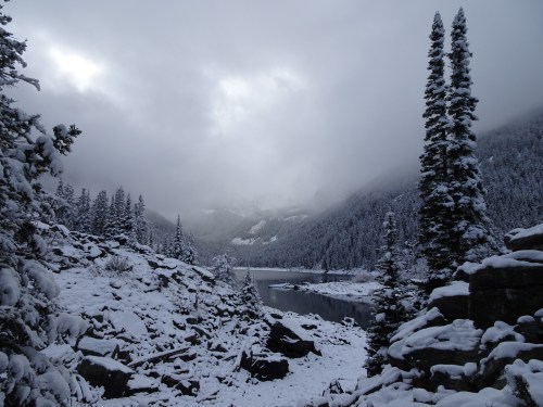A snowy landscape with tall pine trees, a lake, and mountains shrouded in clouds under a gray sky.