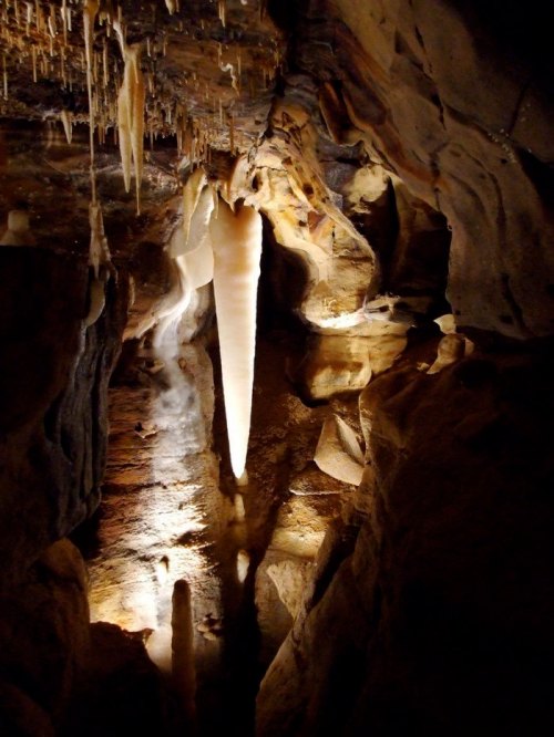 A dimly lit cave featuring impressive stalactites and a large stalagmite, creating a dramatic underground scene.