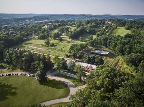 Aerial view of a lush landscape with rolling hills, vineyards, and a large estate surrounded by trees.