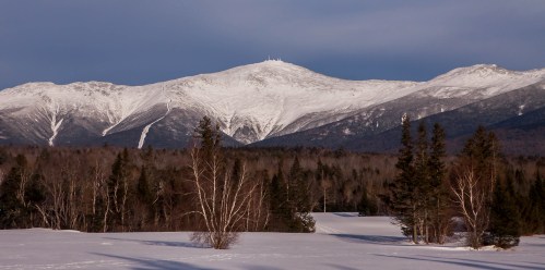 Snow-covered mountain peak with a clear sky, surrounded by evergreen trees and a snowy landscape in the foreground.