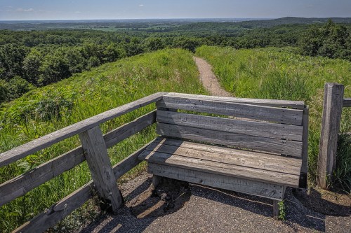 A wooden bench overlooks a lush green landscape and a winding path, with hills in the distance under a clear blue sky.