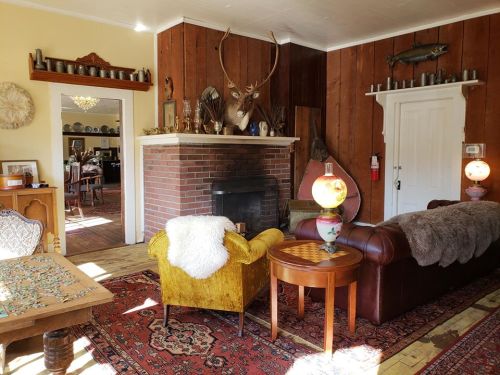 Cozy living room with a fireplace, vintage decor, a yellow armchair, and a brown leather sofa on a patterned rug.