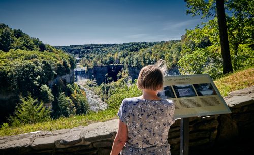 A person stands by a sign, overlooking a scenic view of a waterfall and lush green landscape.