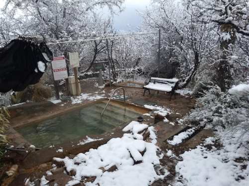 A hot tub surrounded by snow-covered trees and a rocky path, creating a serene winter landscape.