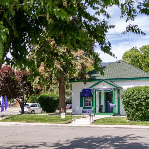 A quaint gift shop with a green roof, surrounded by trees and shrubs, on a sunny street.