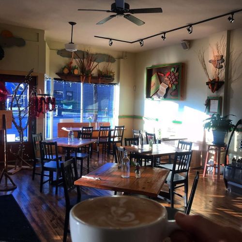 A cozy café interior with wooden tables, chairs, and large windows letting in natural light. A hand holds a coffee cup.