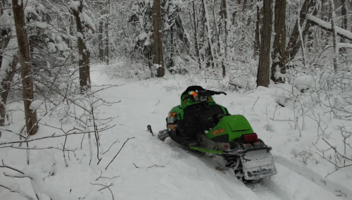 A green snowmobile parked on a snowy trail surrounded by trees in a winter landscape.