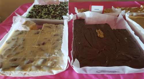 A variety of fudge and candy bars displayed on a pink tablecloth, including chocolate and nut flavors.