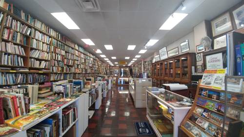A cozy bookstore aisle lined with shelves of books and display cases, illuminated by bright overhead lights.