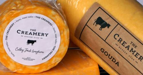 Three types of cheese from The Creamery, including Colby Jack Longhorn and Gouda, wrapped in branded packaging.