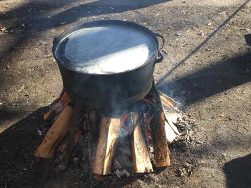 A large pot sits over a fire made of logs, with steam rising from the water inside.