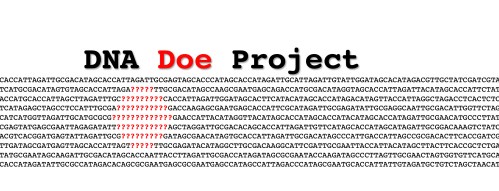 Text graphic featuring "DNA Doe Project" in bold, with a sequence of DNA letters and question marks below.
