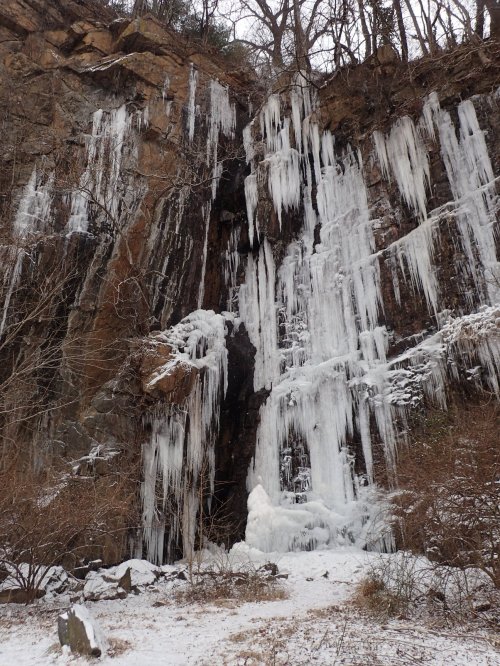 A frozen waterfall cascading down a rocky cliff, surrounded by snow-covered ground and bare trees.