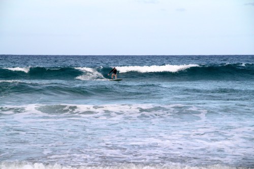 A surfer rides a wave in the ocean, with a clear blue sky and gentle waves in the background.