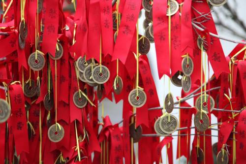 Red ribbons with gold coins hanging from branches, featuring Chinese characters and symbols for good fortune.