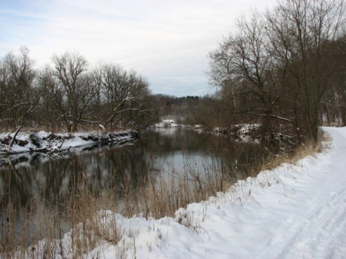 A serene winter landscape featuring a snow-covered riverbank and bare trees reflecting in the calm water.