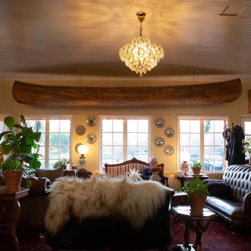 Cozy living room with a vintage canoe overhead, plants, a chandelier, and a person sitting on a fur-covered couch.