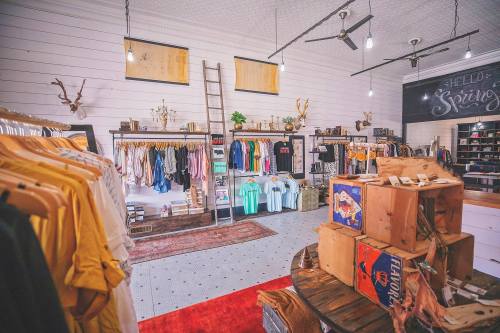A stylish boutique interior featuring clothing racks, a ladder, and decorative elements on white walls.