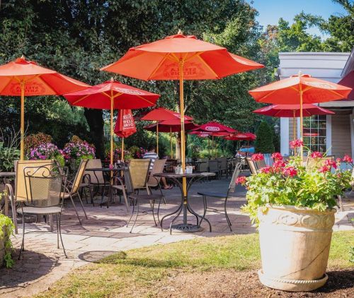 Outdoor dining area with red umbrellas, tables, and vibrant flowers in pots, creating a cozy atmosphere.