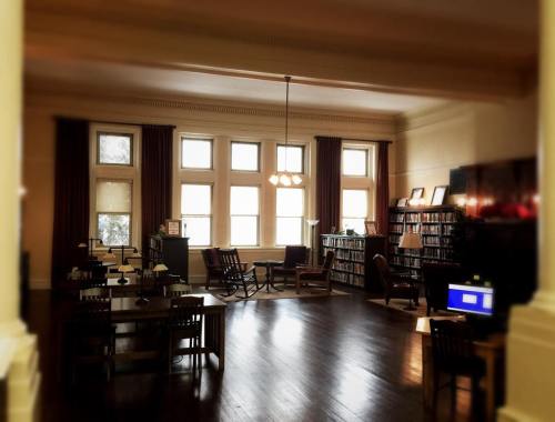 Cozy library interior with wooden furniture, large windows, and bookshelves, creating a warm, inviting atmosphere.