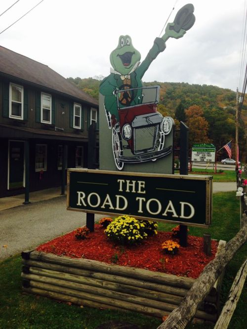 A colorful sign featuring a cartoon frog in a car, promoting "The Road Toad" with flowers and a rustic wooden border.