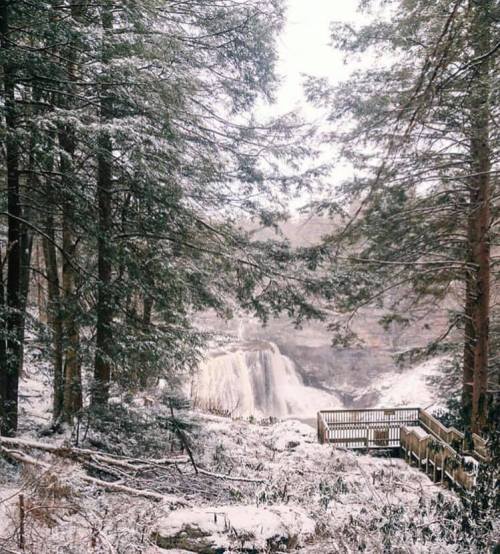 A snowy landscape featuring a waterfall surrounded by trees and a wooden viewing platform.