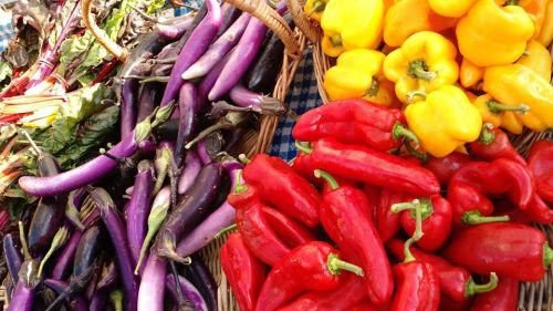 A vibrant display of purple eggplants, yellow and red bell peppers in woven baskets at a market.