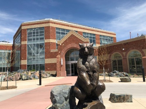 A bronze bear statue sits in front of a modern brick building with large windows and landscaped rocks.