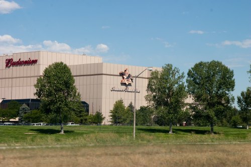 Exterior view of a large Budweiser brewery building surrounded by trees and a clear blue sky.