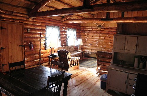 Cozy log cabin interior with wooden walls, a sofa, dining table, and natural light from windows.