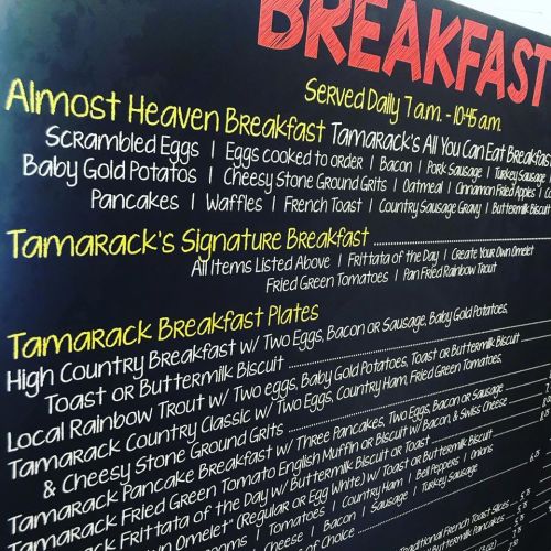 Menu for Tamarack's breakfast offerings, featuring various egg dishes, potatoes, and breakfast plates.