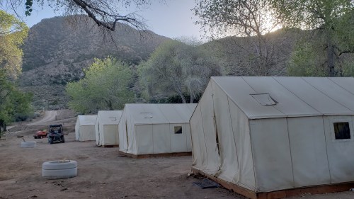 A row of white tents in a natural setting, surrounded by trees and mountains, with a dirt path in the background.