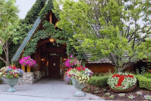 Charming entrance of a rustic building surrounded by vibrant flowers and lush greenery.