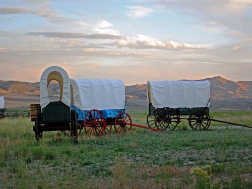 Three covered wagons on a grassy plain, with mountains and a colorful sky in the background.
