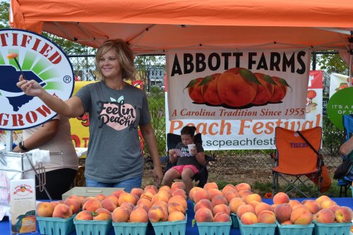 A woman at a peach festival booth smiles while holding a peach, with baskets of peaches displayed in front of her.