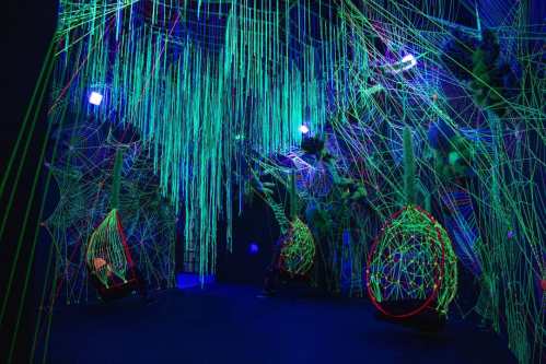 A vibrant, neon-lit room filled with colorful web-like structures and hanging decorations, creating an immersive atmosphere.