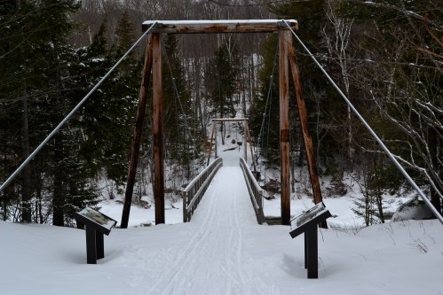 A snowy landscape featuring a wooden suspension bridge surrounded by trees and informational signs on either side.