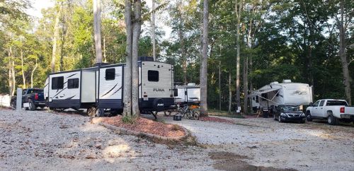 Two RVs parked in a wooded area, surrounded by trees and gravel, with a few cars nearby.