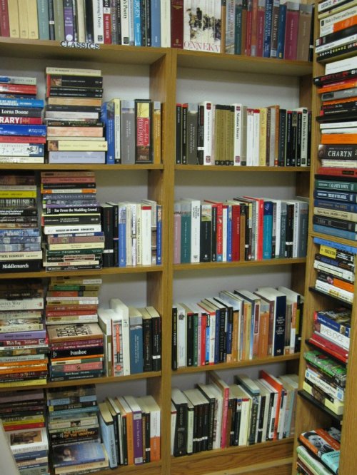 A wooden bookshelf filled with various books, organized in rows, showcasing a mix of genres and authors.