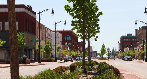 A sunny street lined with trees, shops, and parked cars, showcasing a vibrant urban scene.