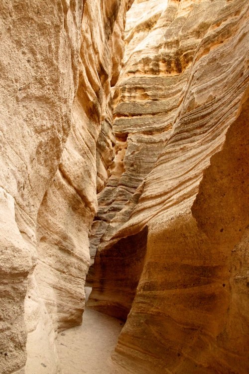 Narrow canyon with layered rock formations and warm, earthy tones, illuminated by sunlight from above.