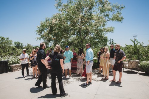 A group of people socializing outdoors under a tree on a sunny day, with greenery and a stone wall in the background.