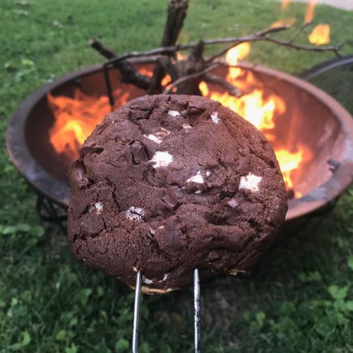 A chocolate chip cookie on a skewer, held above a campfire with flames in the background.